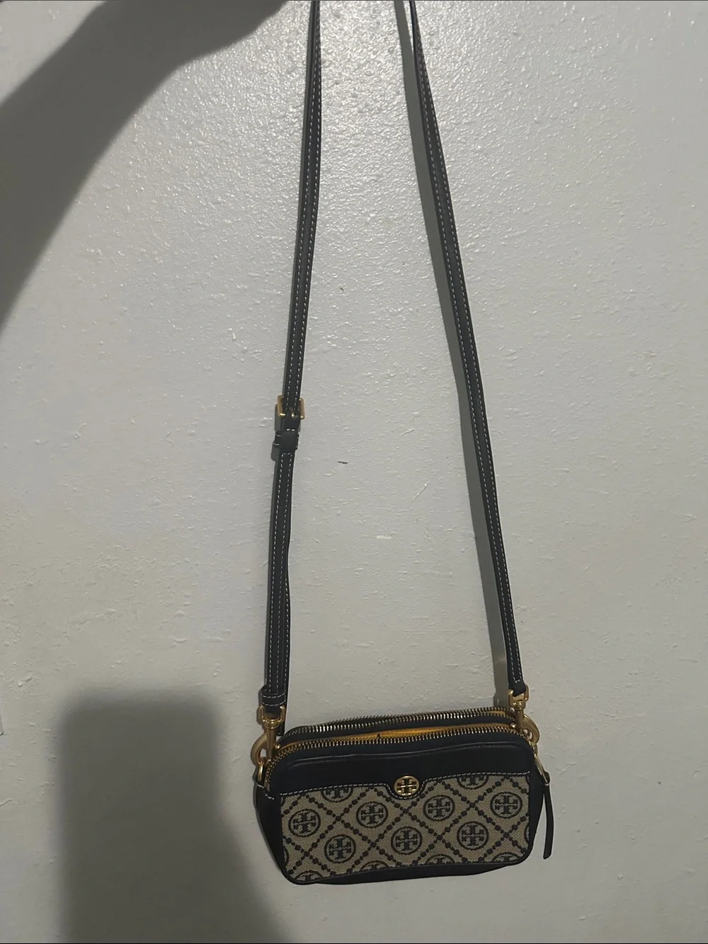 Tory Burch Black and Beige Jacquard Crossbody Camera Bag